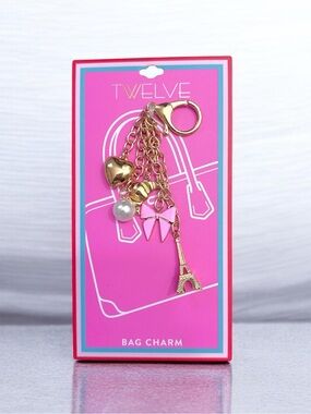 Twelve Gold Eiffel Tower & Multi Bag Charm- Pink and Gold Tone